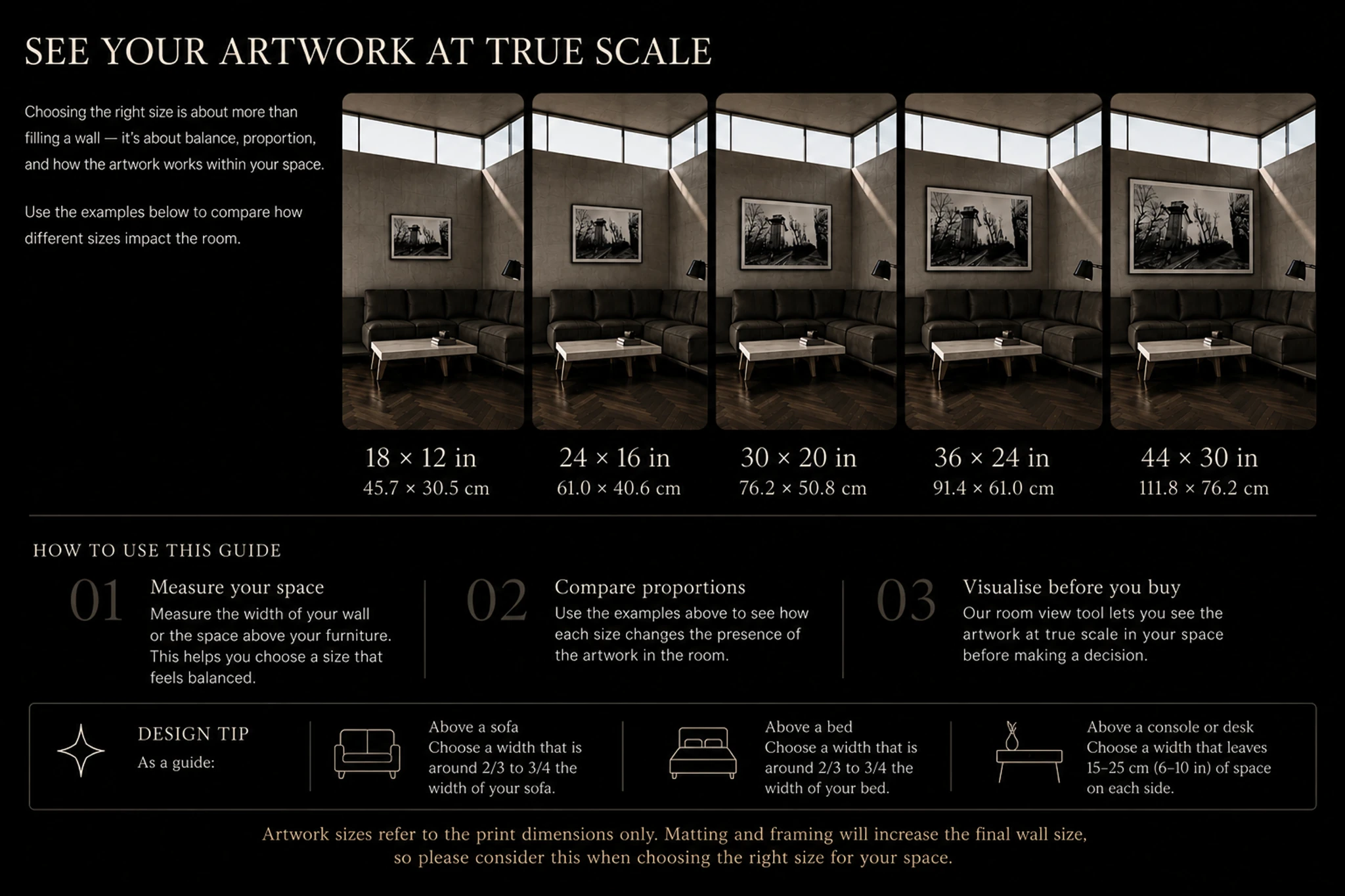 Francis Keating artwork size guide showing print proportions at scale for collector interiors